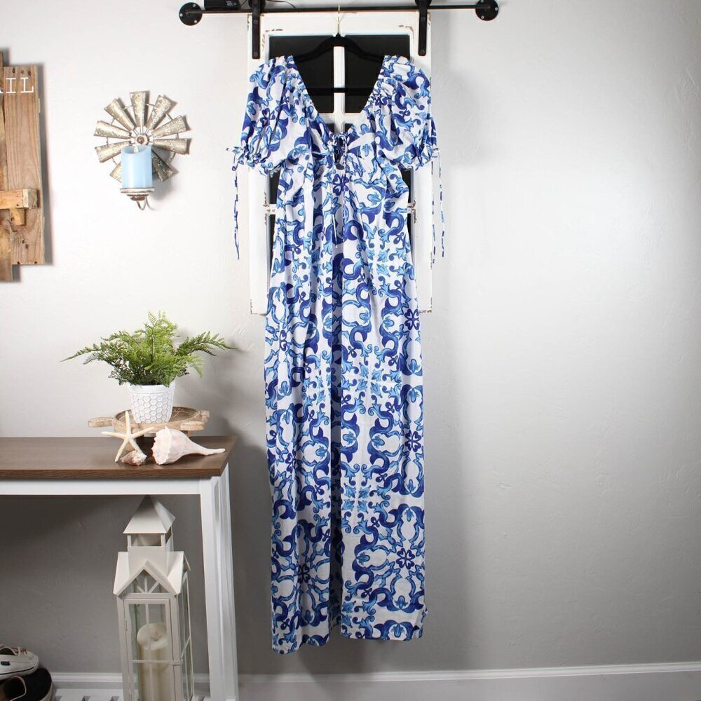 Boohoo Porcelain Print Puff Sleeve Maxi Dress - NWT - Size 16 - Picture 4 of 9